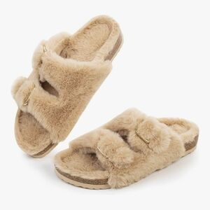 Open Toe Slipper with Cozy Lining,Faux Rabbit Fur Cork Slide Sandals Size 9